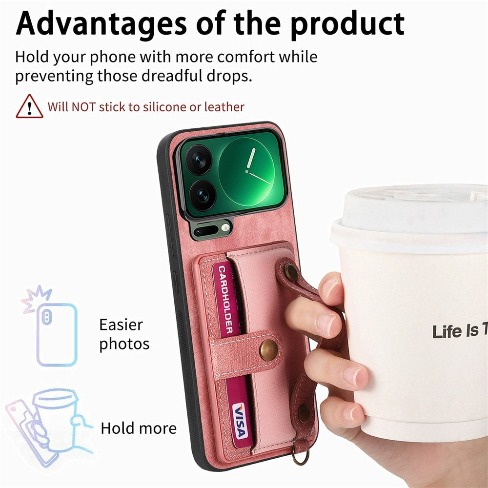 For Xiaomi 17 Pro Max Case Retro PU Leather Back Phone Cover with Card Holder  /  Wristband Kickstand - Pink