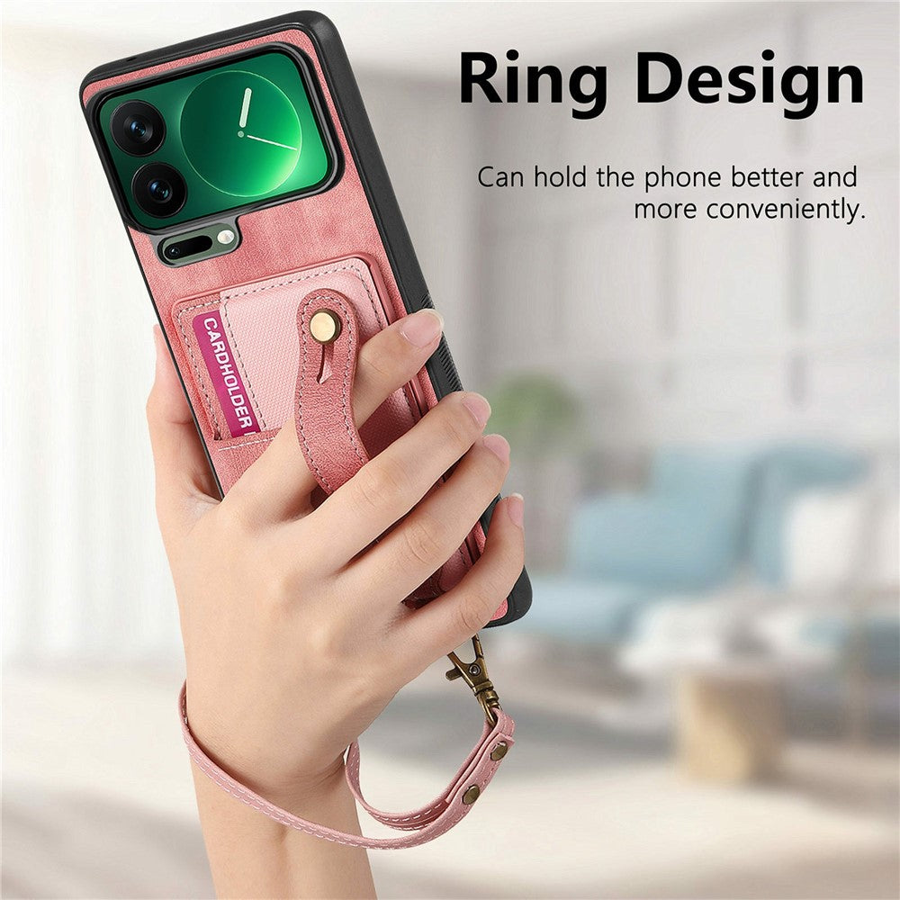 For Xiaomi 17 Pro Max Case Retro PU Leather Back Phone Cover with Card Holder  /  Wristband Kickstand - Pink