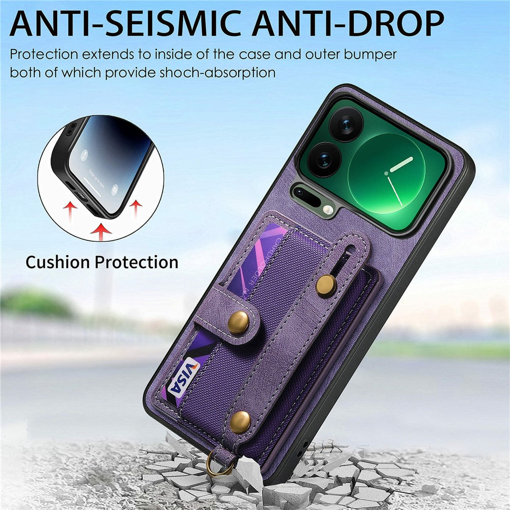 For Xiaomi 17 Pro Max Case Retro PU Leather Back Phone Cover with Card Holder  /  Wristband Kickstand - Purple