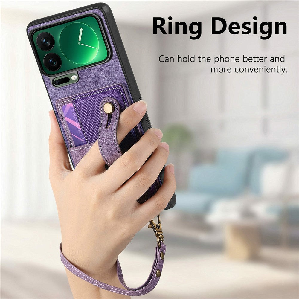 For Xiaomi 17 Pro Max Case Retro PU Leather Back Phone Cover with Card Holder  /  Wristband Kickstand - Purple