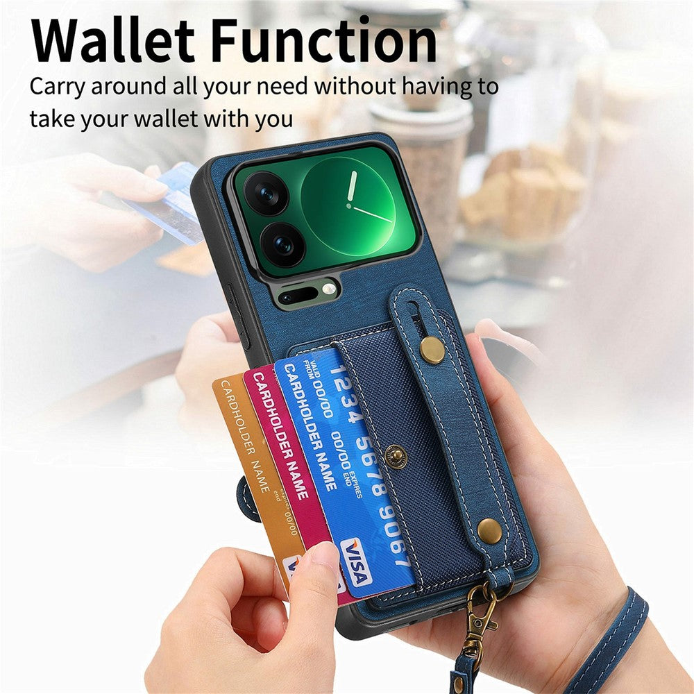 For Xiaomi 17 Pro Max Case Retro PU Leather Back Phone Cover with Card Holder  /  Wristband Kickstand - Blue