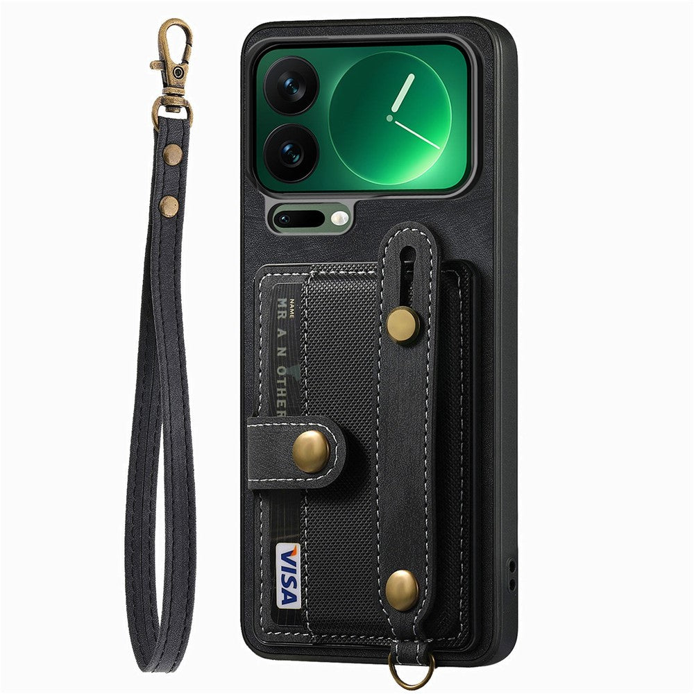 For Xiaomi 17 Pro Max Case Retro PU Leather Back Phone Cover with Card Holder  /  Wristband Kickstand - Black