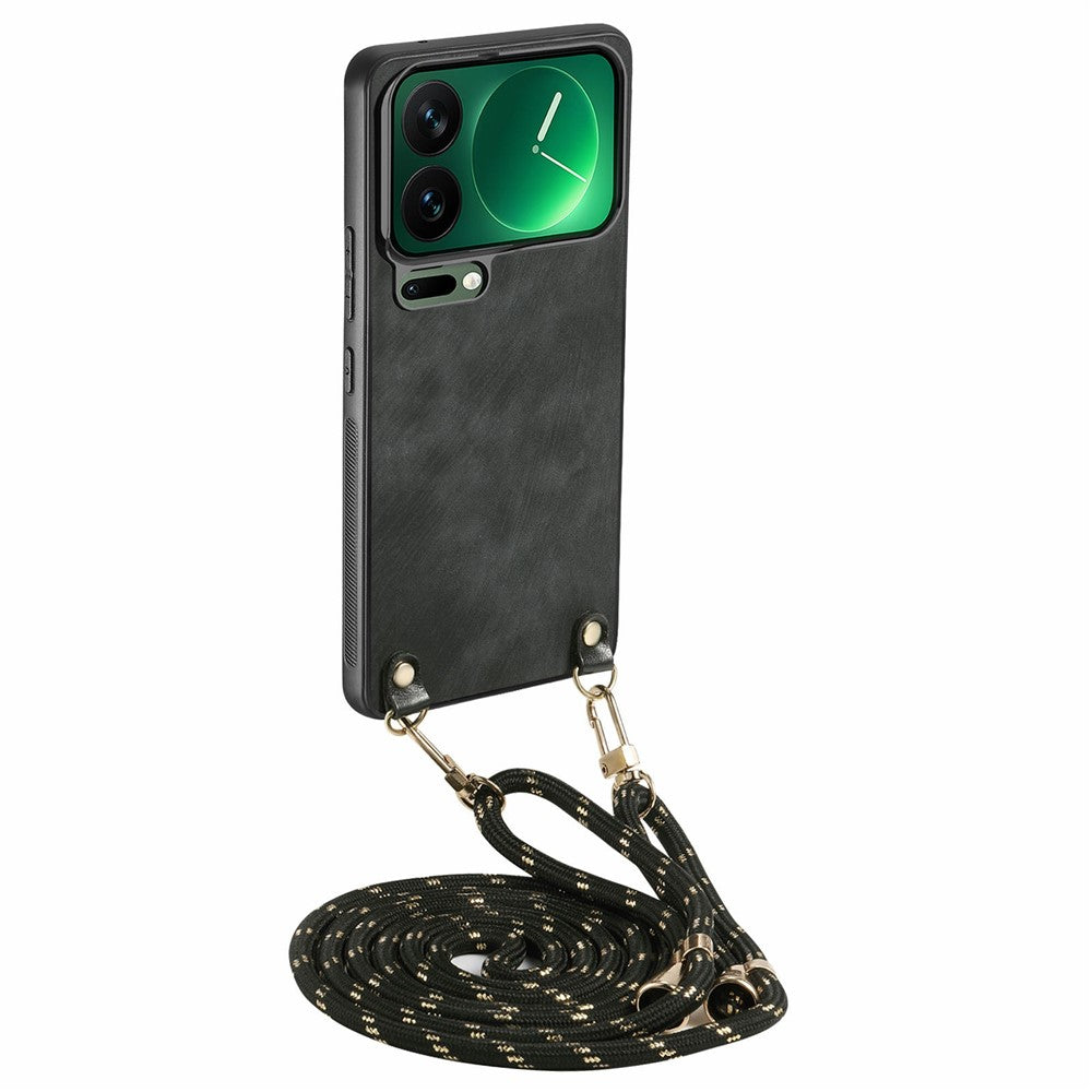 For Xiaomi 17 Pro Max Retro Leather Phone Back Cover with Adjustable Strap - Black
