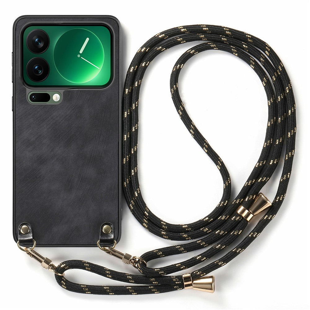 For Xiaomi 17 Pro Max Retro Leather Phone Back Cover with Adjustable Strap - Black