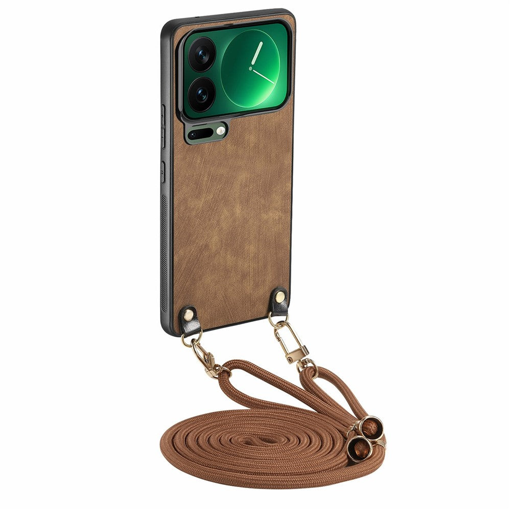 For Xiaomi 17 Pro Max Retro Leather Phone Back Cover with Adjustable Strap - Brown