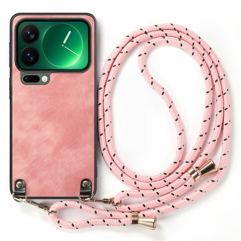 For Xiaomi 17 Pro Max Retro Leather Phone Back Cover with Adjustable Strap - Pink