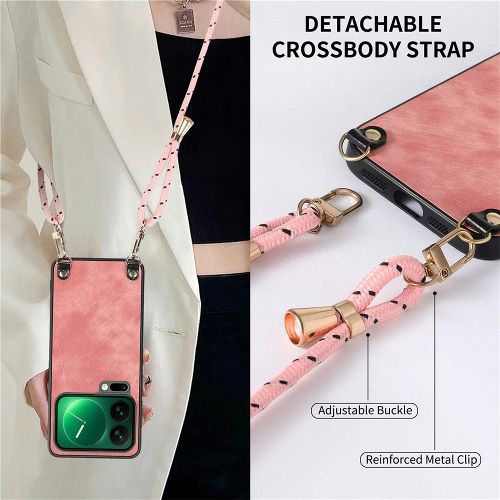 For Xiaomi 17 Pro Max Retro Leather Phone Back Cover with Adjustable Strap - Pink