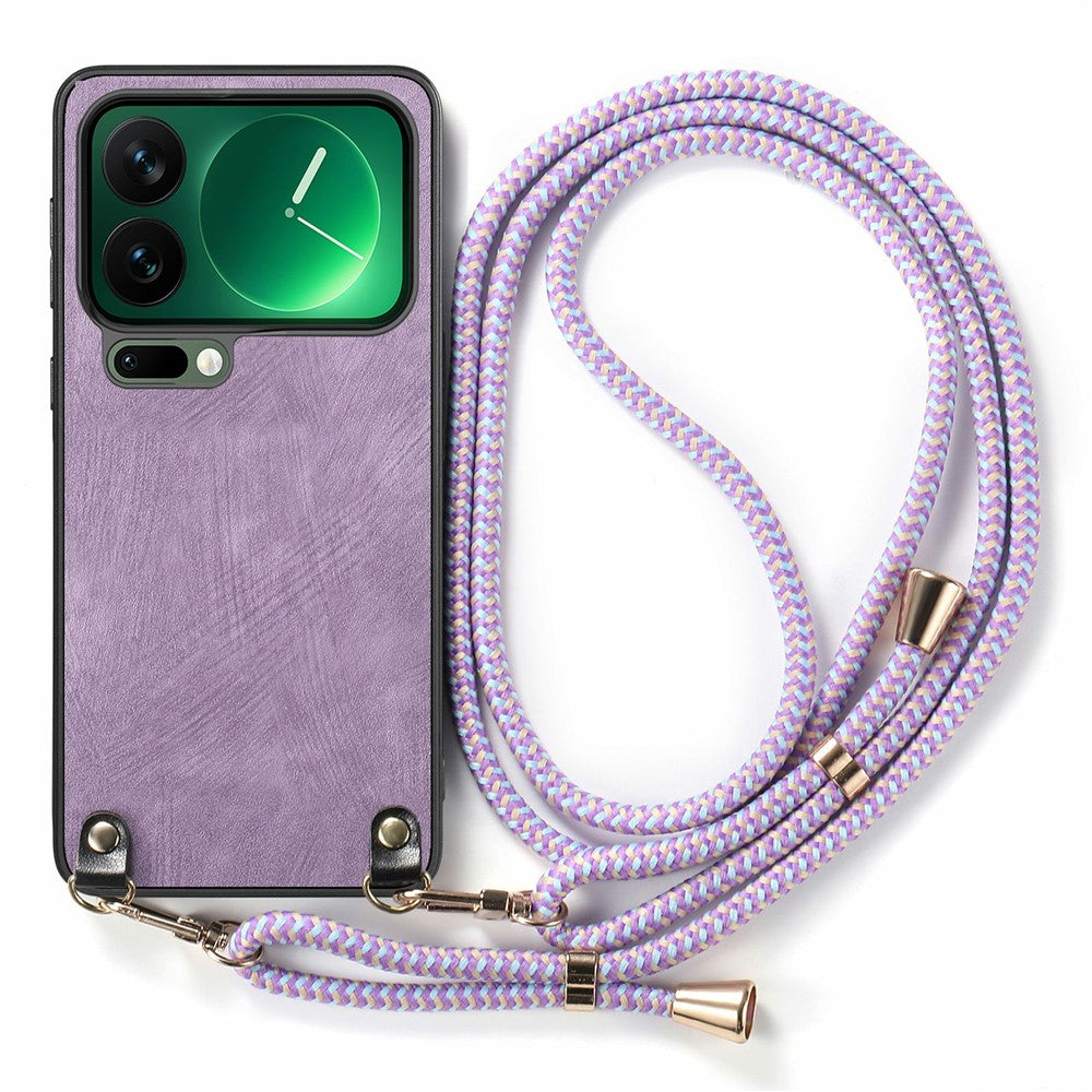 For Xiaomi 17 Pro Max Retro Leather Phone Back Cover with Adjustable Strap - Purple