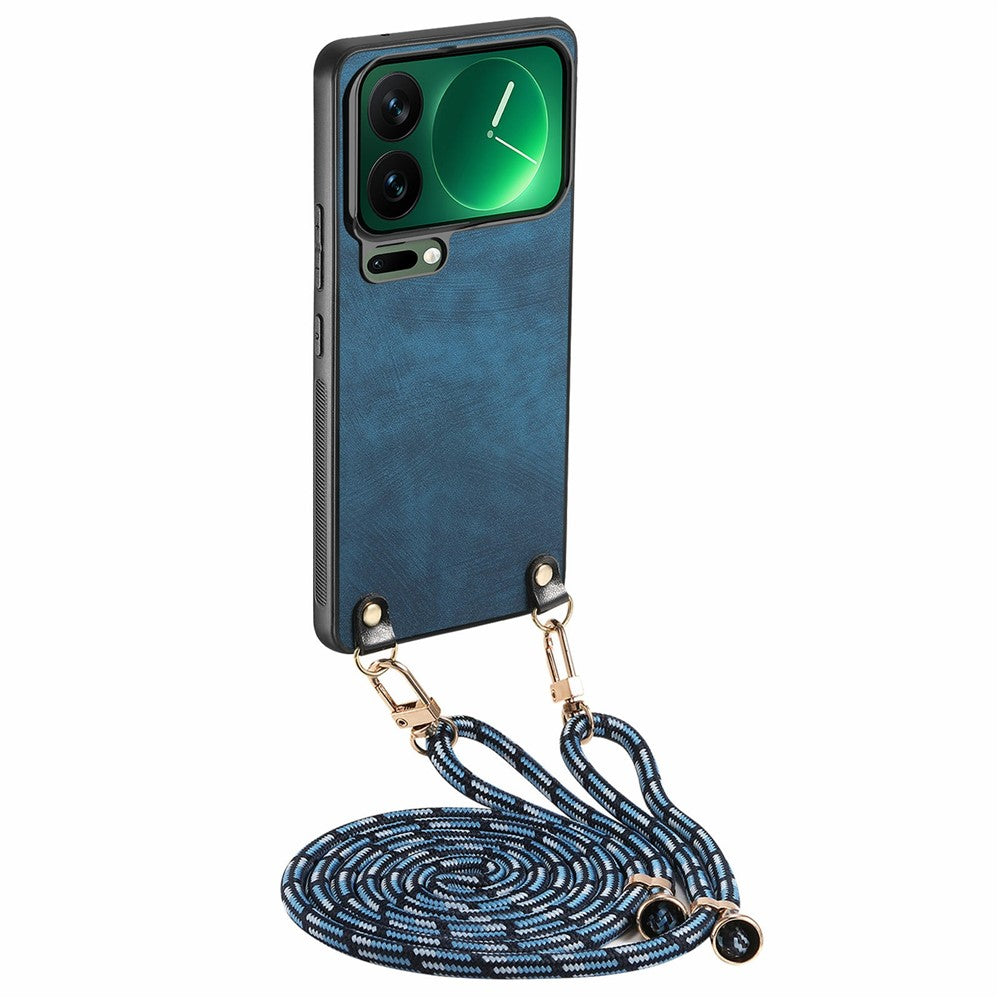 For Xiaomi 17 Pro Max Retro Leather Phone Back Cover with Adjustable Strap - Blue