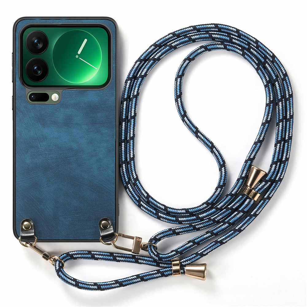 For Xiaomi 17 Pro Max Retro Leather Phone Back Cover with Adjustable Strap - Blue