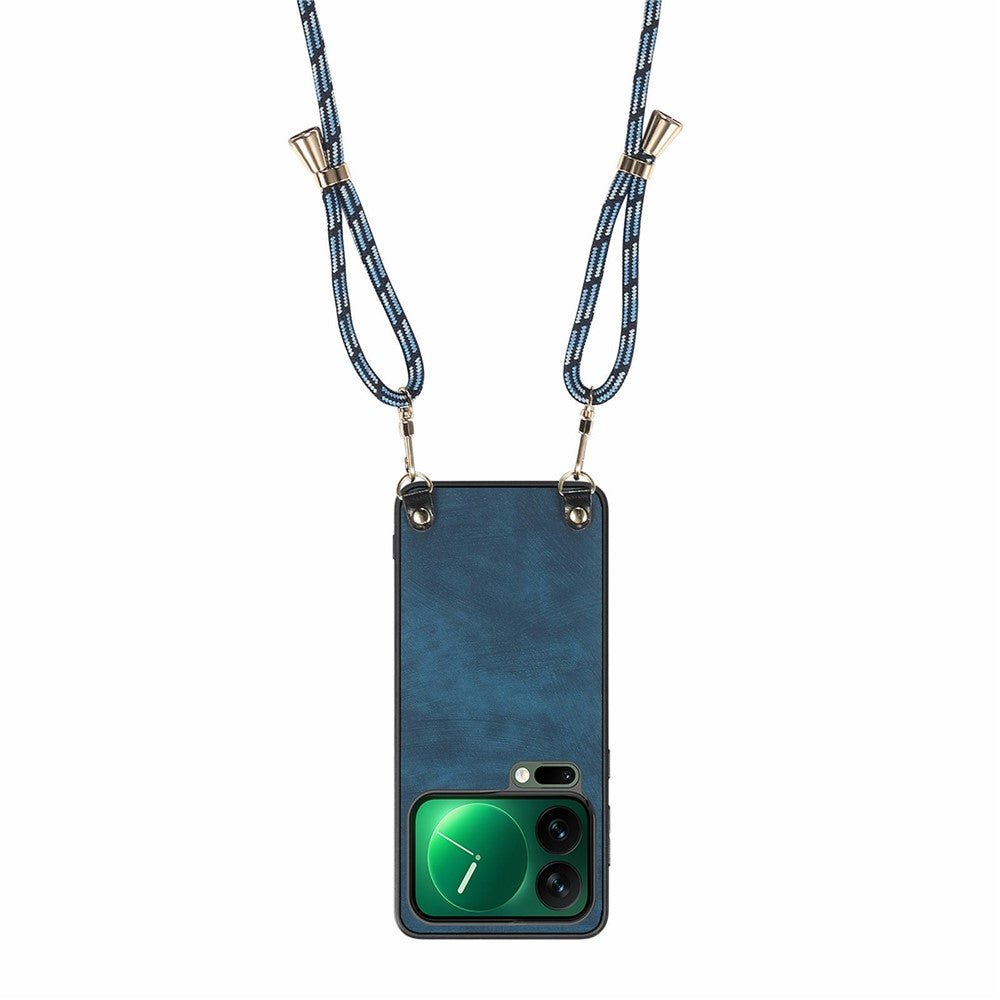 For Xiaomi 17 Pro Max Retro Leather Phone Back Cover with Adjustable Strap - Blue
