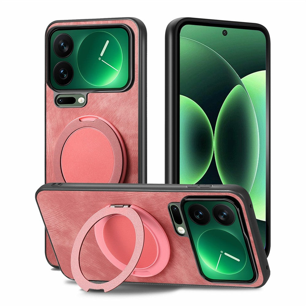 For Xiaomi 17 Pro Max Phone Case with Rotating Kickstand Stress Relief Retro Leather Back Cover - Pink