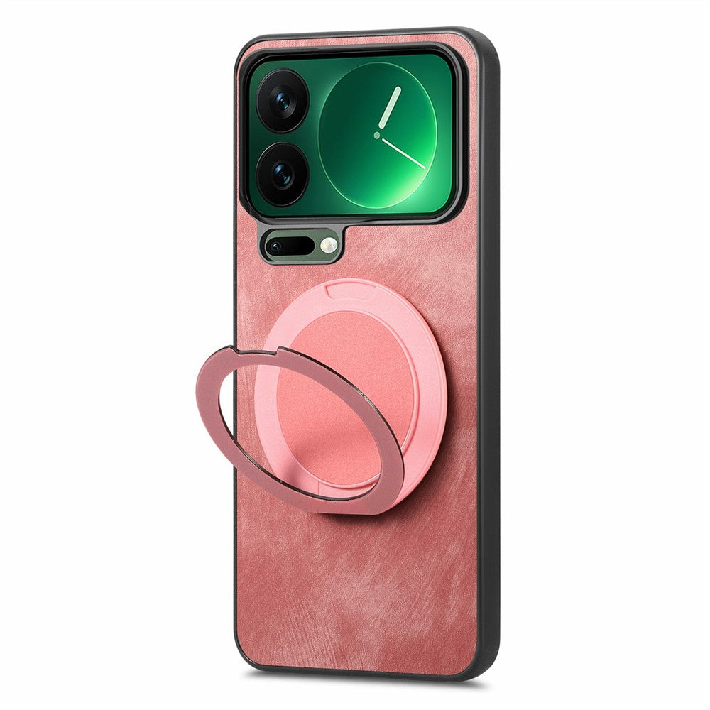 For Xiaomi 17 Pro Max Phone Case with Rotating Kickstand Stress Relief Retro Leather Back Cover - Pink