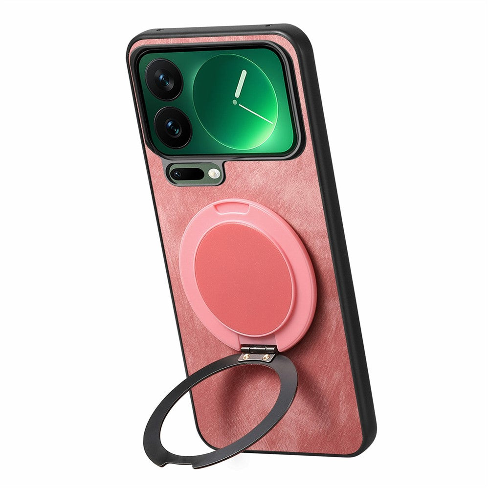 For Xiaomi 17 Pro Max Phone Case with Rotating Kickstand Stress Relief Retro Leather Back Cover - Pink