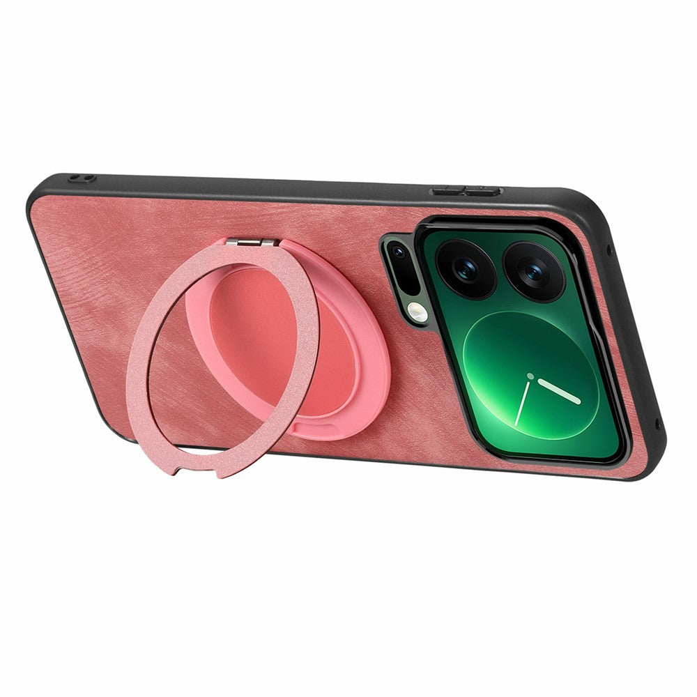 For Xiaomi 17 Pro Max Phone Case with Rotating Kickstand Stress Relief Retro Leather Back Cover - Pink