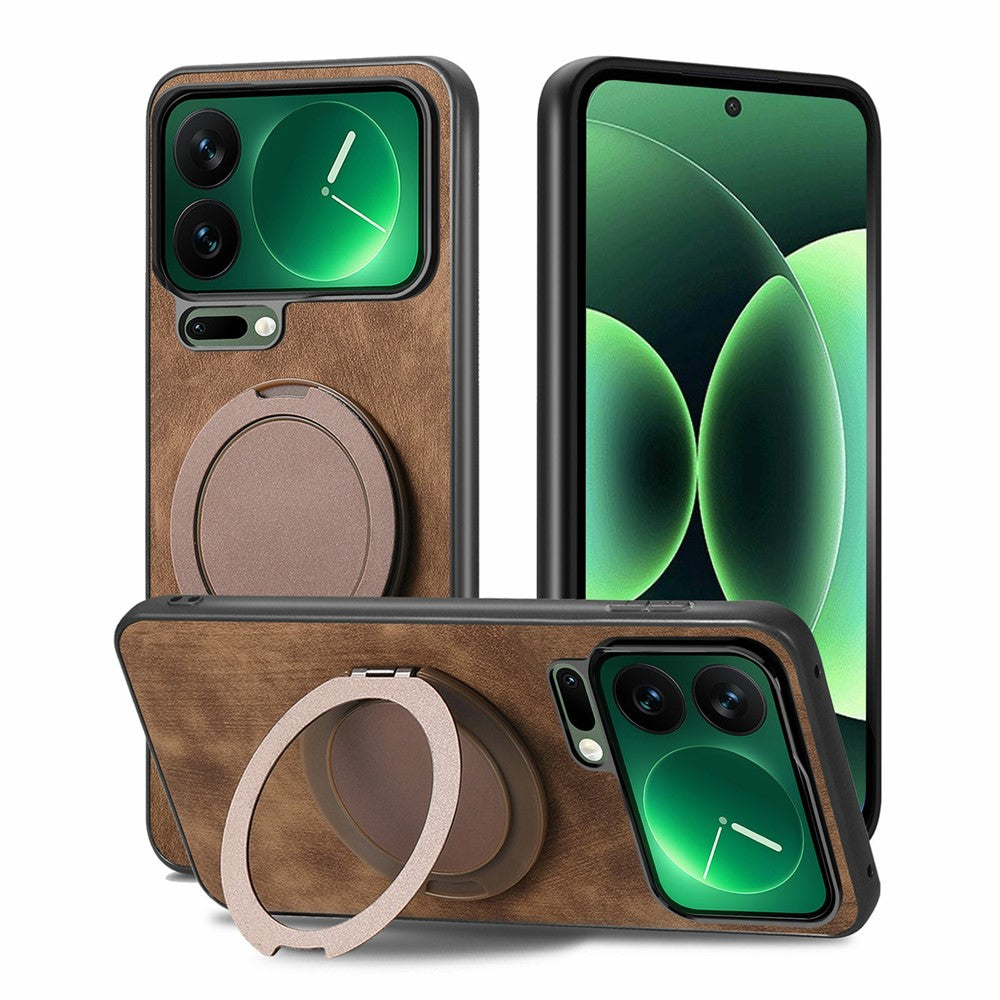 For Xiaomi 17 Pro Max Phone Case with Rotating Kickstand Stress Relief Retro Leather Back Cover - Brown