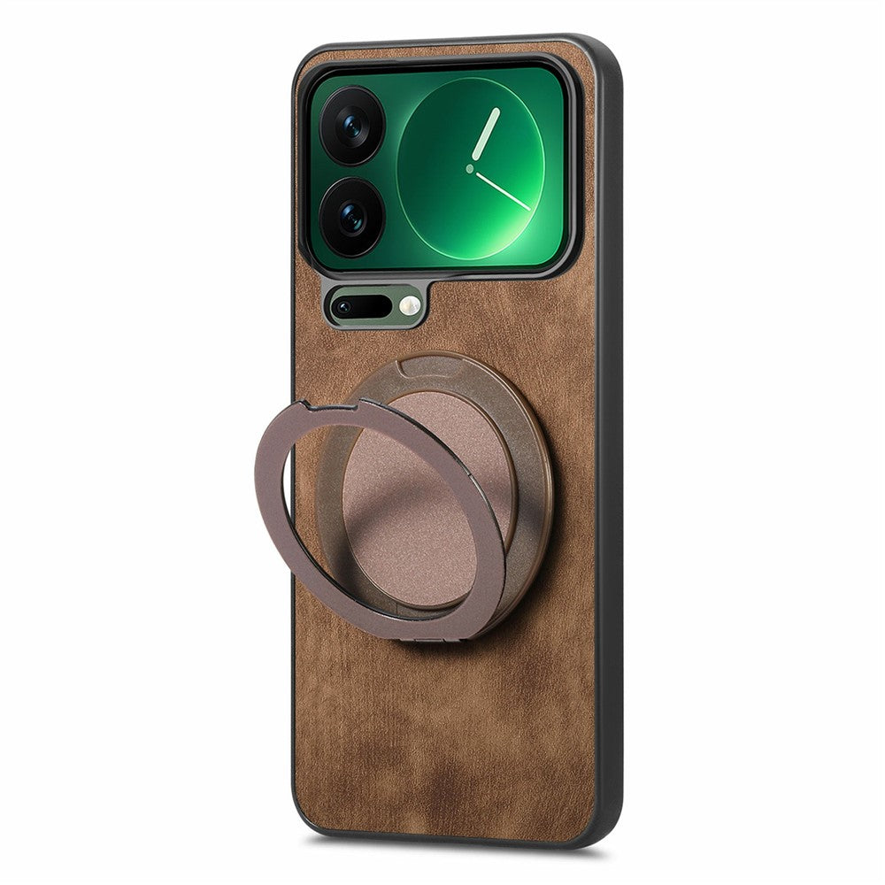 For Xiaomi 17 Pro Max Phone Case with Rotating Kickstand Stress Relief Retro Leather Back Cover - Brown
