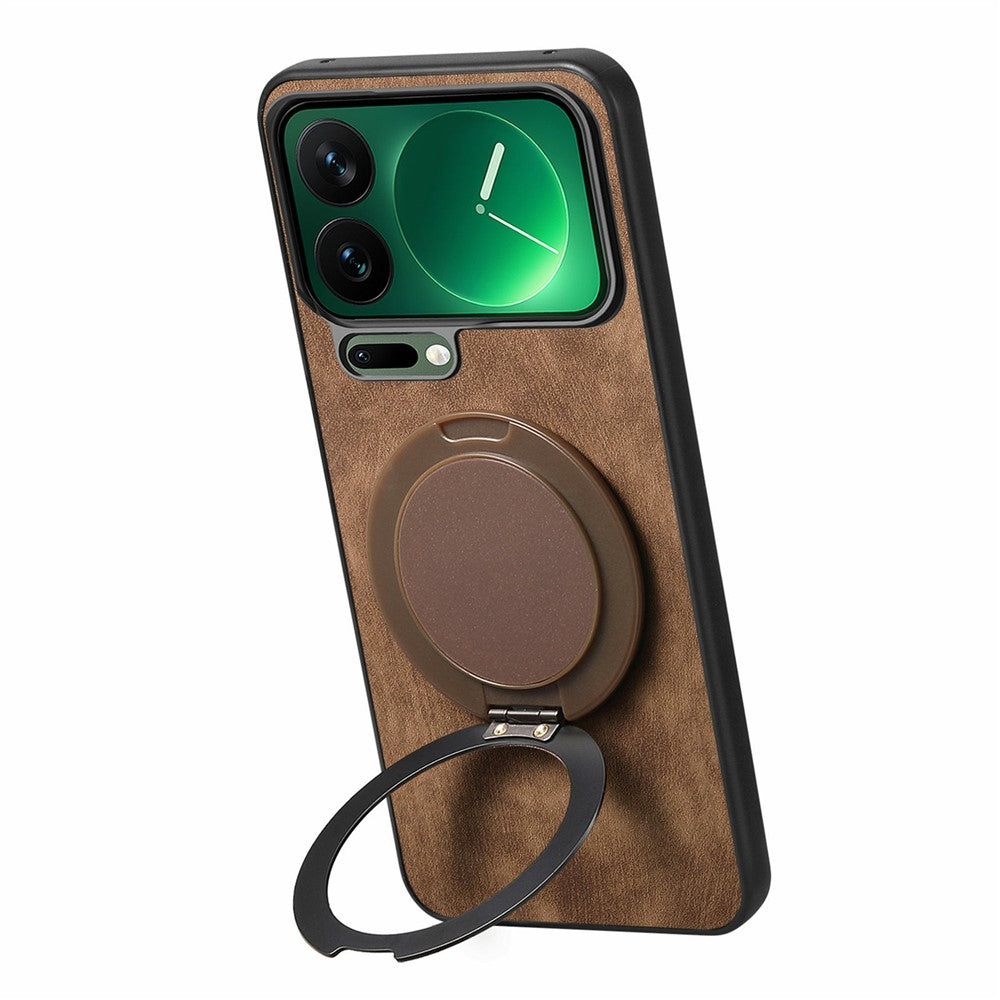 For Xiaomi 17 Pro Max Phone Case with Rotating Kickstand Stress Relief Retro Leather Back Cover - Brown
