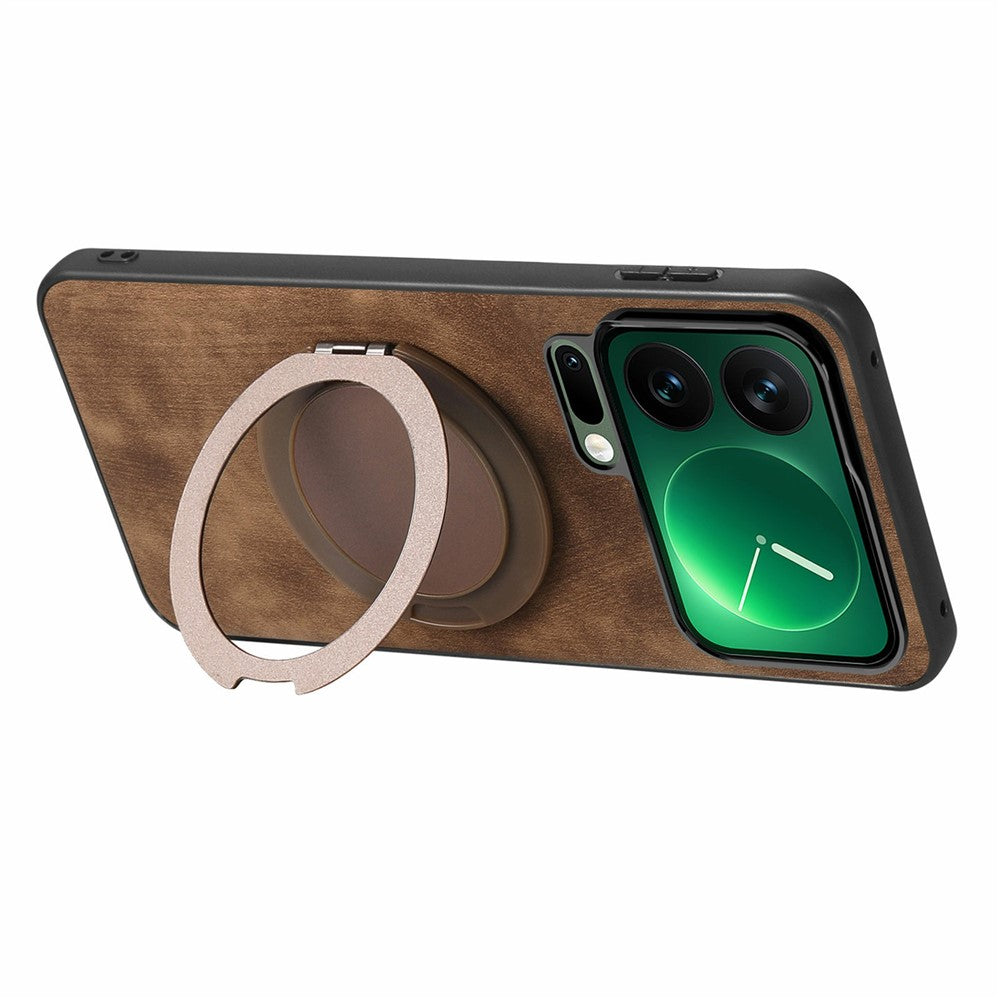 For Xiaomi 17 Pro Max Phone Case with Rotating Kickstand Stress Relief Retro Leather Back Cover - Brown