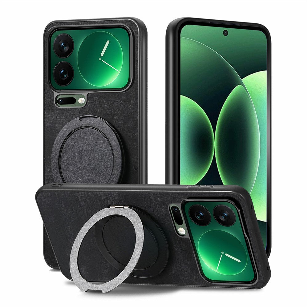 For Xiaomi 17 Pro Max Phone Case with Rotating Kickstand Stress Relief Retro Leather Back Cover - Black