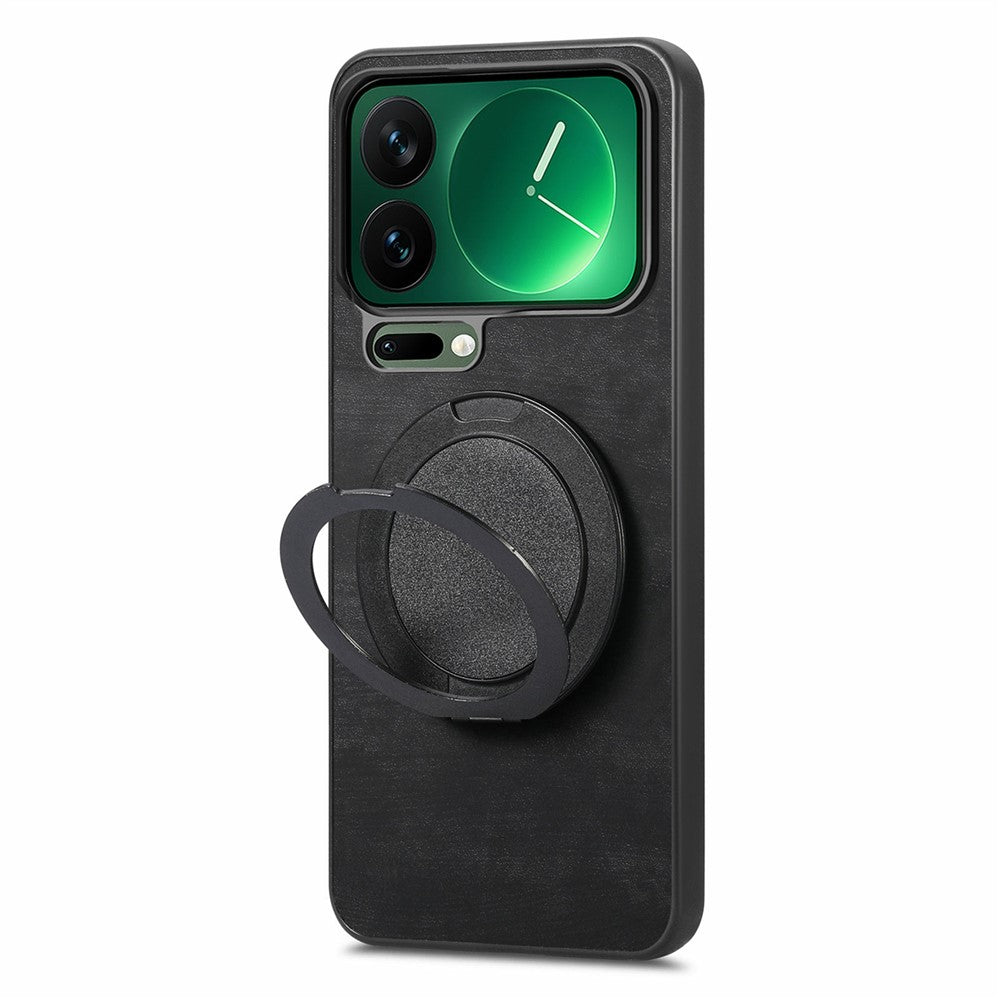 For Xiaomi 17 Pro Max Phone Case with Rotating Kickstand Stress Relief Retro Leather Back Cover - Black