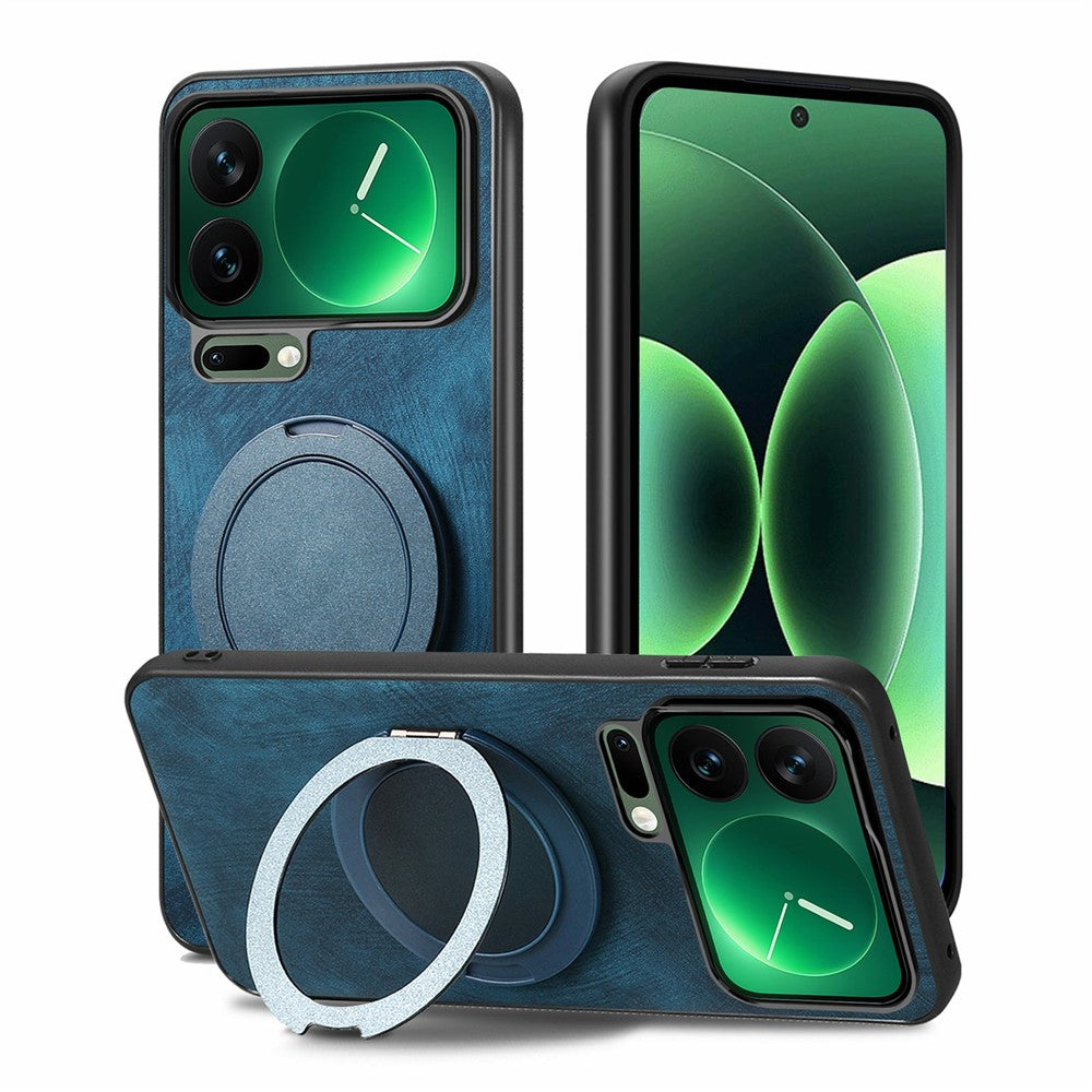 For Xiaomi 17 Pro Max Phone Case with Rotating Kickstand Stress Relief Retro Leather Back Cover - Blue