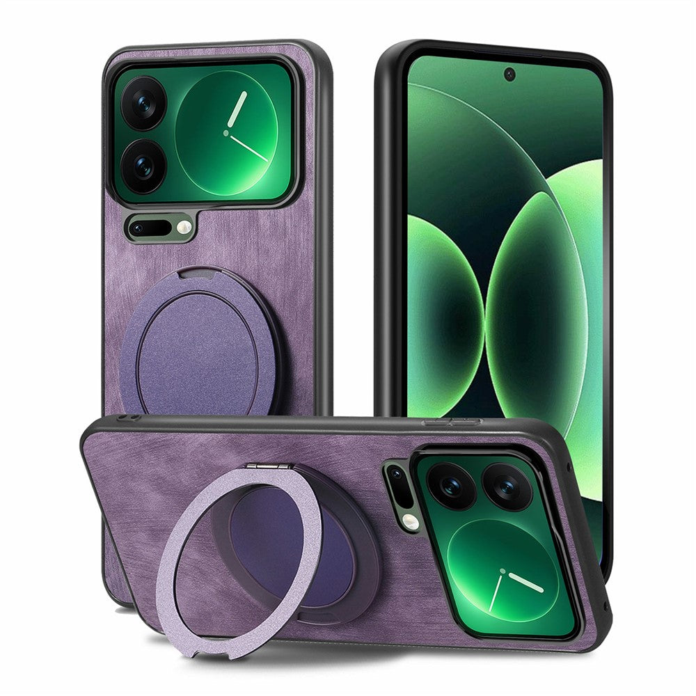 For Xiaomi 17 Pro Max Phone Case with Rotating Kickstand Stress Relief Retro Leather Back Cover - Purple