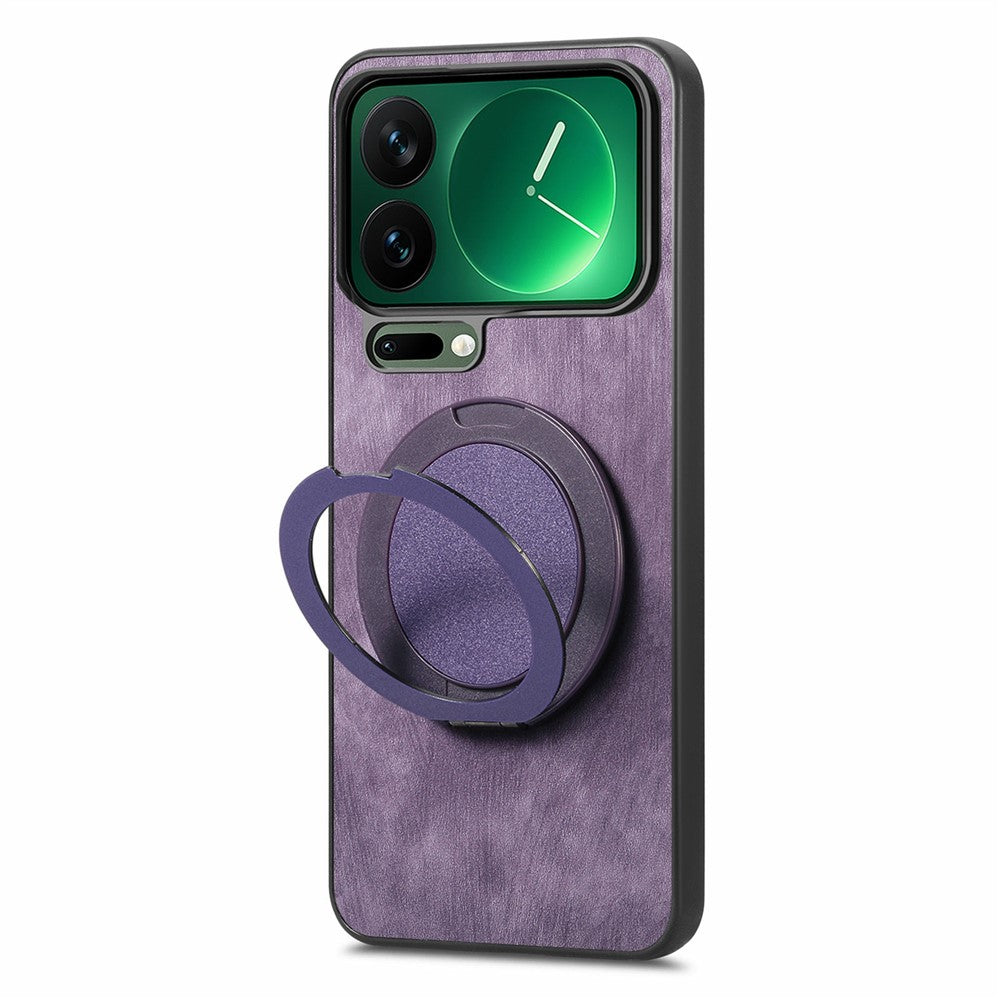 For Xiaomi 17 Pro Max Phone Case with Rotating Kickstand Stress Relief Retro Leather Back Cover - Purple