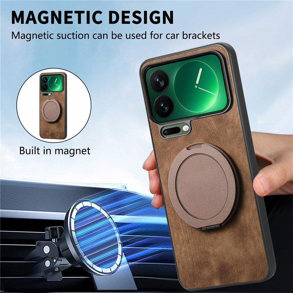 For Xiaomi 17 Pro Max Phone Case with Rotating Kickstand Stress Relief Retro Leather Back Cover - Purple