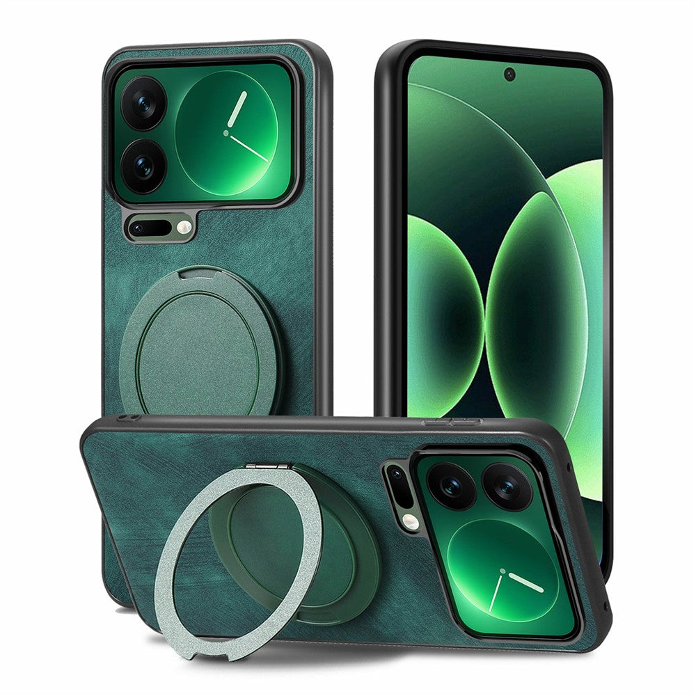 For Xiaomi 17 Pro Max Phone Case with Rotating Kickstand Stress Relief Retro Leather Back Cover - Green