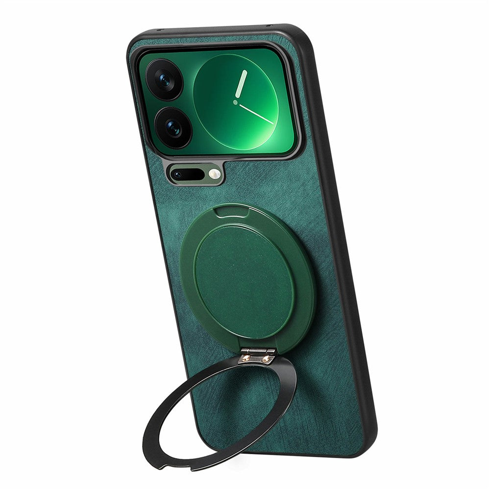 For Xiaomi 17 Pro Max Phone Case with Rotating Kickstand Stress Relief Retro Leather Back Cover - Green