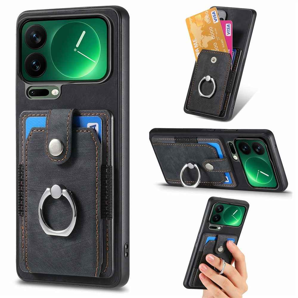 For Xiaomi 17 Pro Case Kickstand Leather + TPU Non-Slip Protective Cover with Card Slots - Black