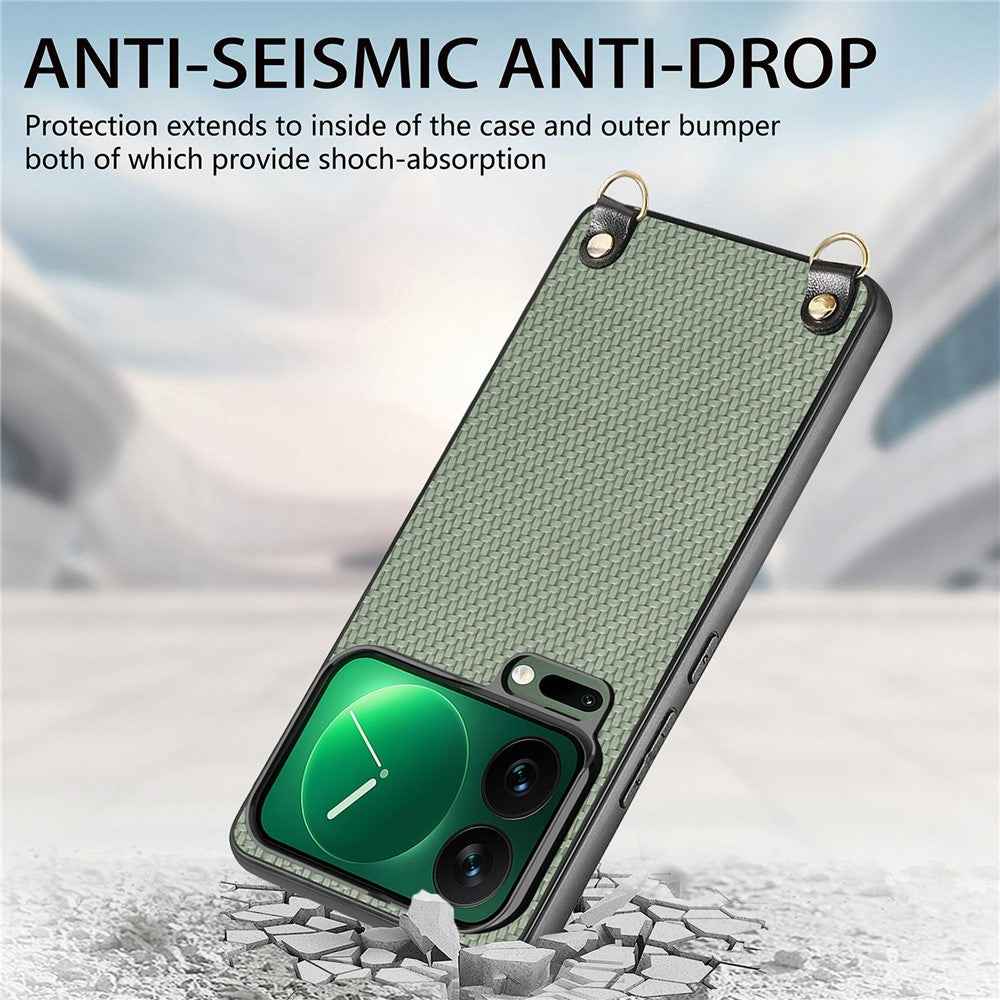 For Xiaomi 17 Pro Case Carbon Fiber Texture Hybrid Phone Back Cover with Adjustable Strap - Green