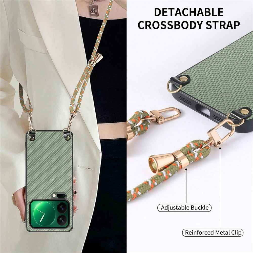 For Xiaomi 17 Pro Case Carbon Fiber Texture Hybrid Phone Back Cover with Adjustable Strap - Green