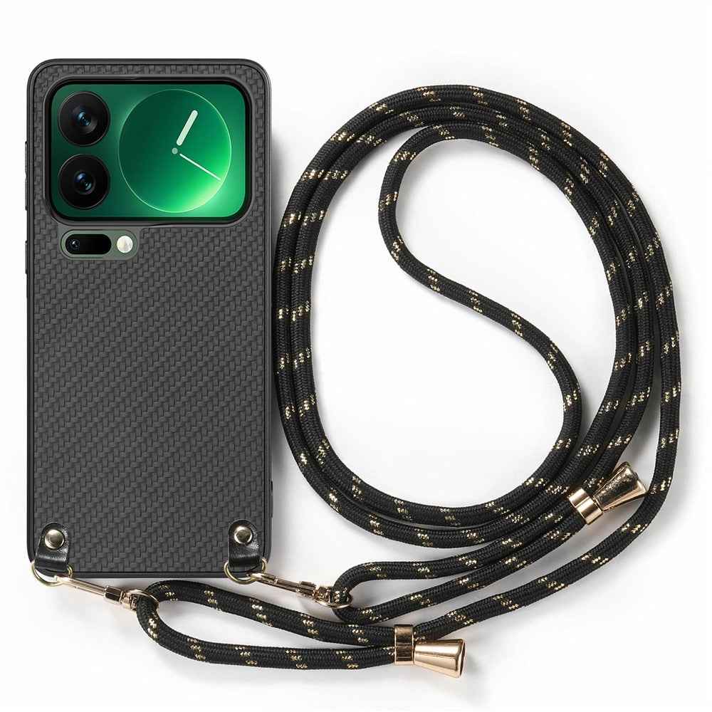 For Xiaomi 17 Pro Case Carbon Fiber Texture Hybrid Phone Back Cover with Adjustable Strap - Black