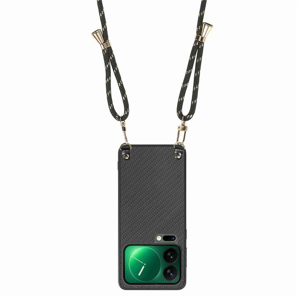 For Xiaomi 17 Pro Case Carbon Fiber Texture Hybrid Phone Back Cover with Adjustable Strap - Black