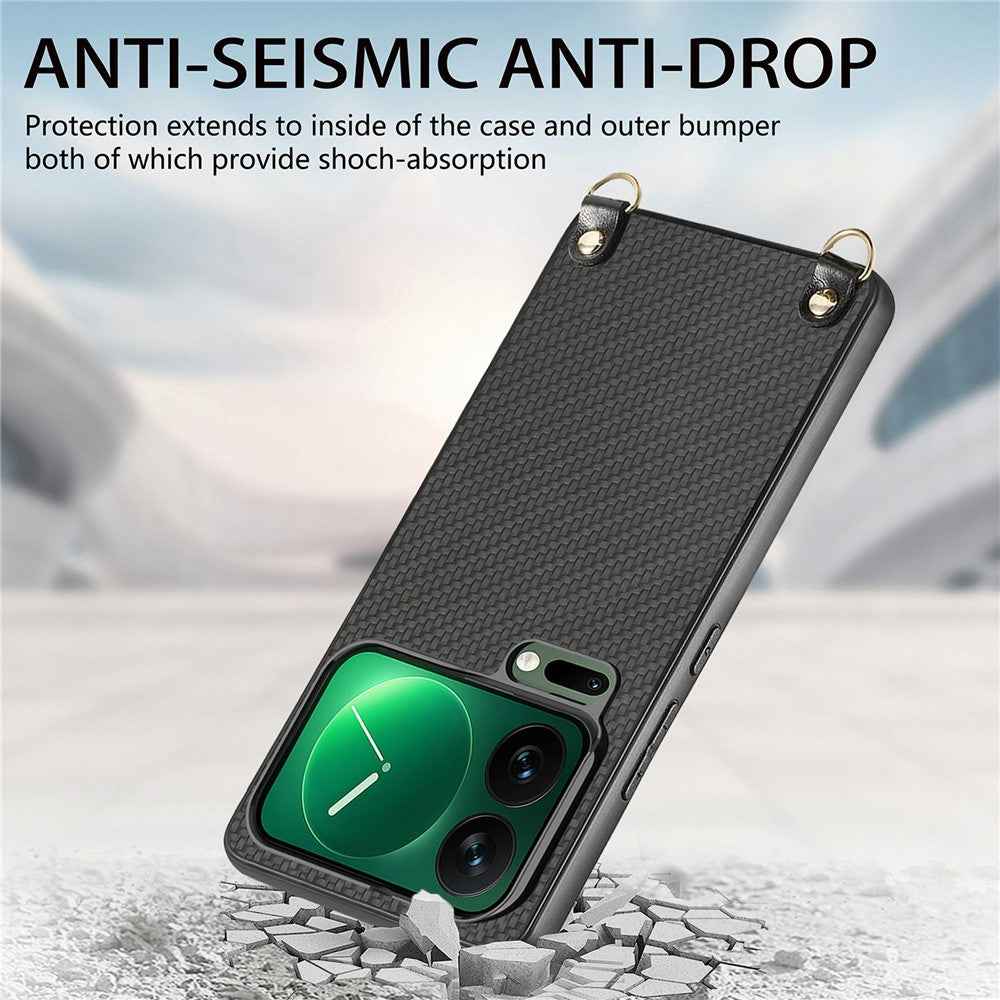 For Xiaomi 17 Pro Case Carbon Fiber Texture Hybrid Phone Back Cover with Adjustable Strap - Black
