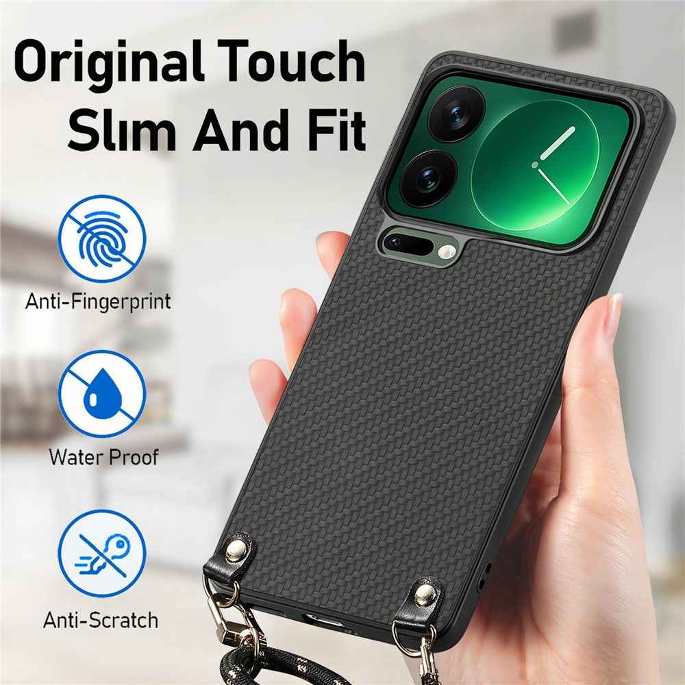 For Xiaomi 17 Pro Case Carbon Fiber Texture Hybrid Phone Back Cover with Adjustable Strap - Black