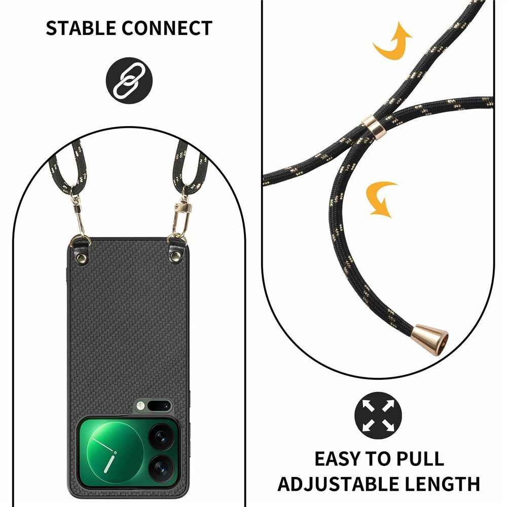 For Xiaomi 17 Pro Case Carbon Fiber Texture Hybrid Phone Back Cover with Adjustable Strap - Black
