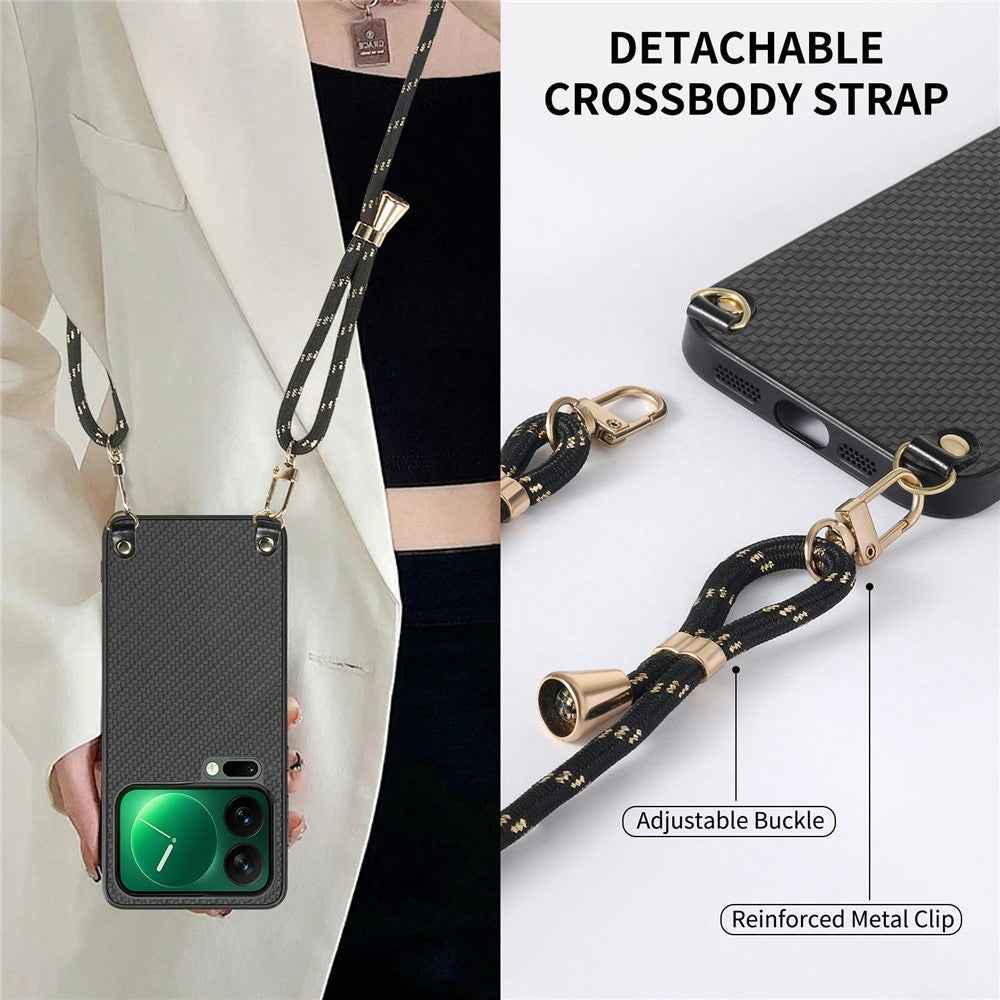 For Xiaomi 17 Pro Case Carbon Fiber Texture Hybrid Phone Back Cover with Adjustable Strap - Black