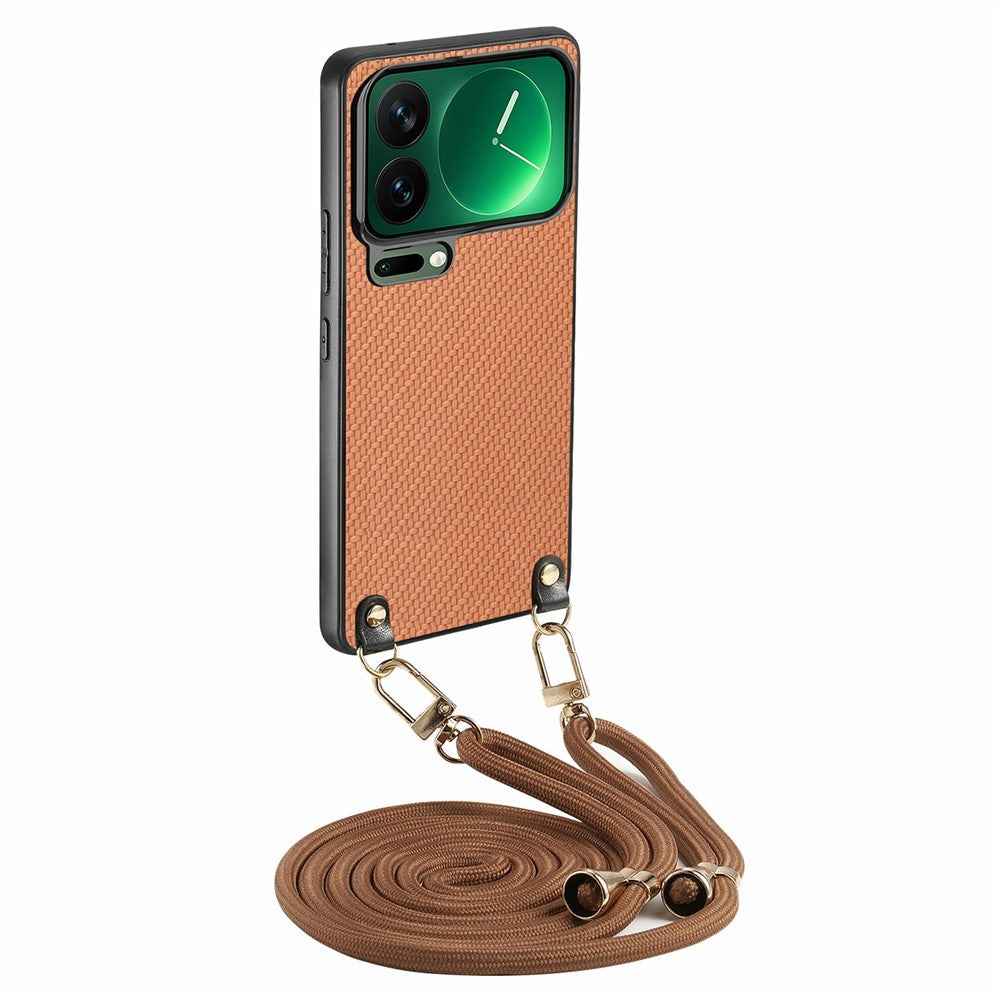 For Xiaomi 17 Pro Case Carbon Fiber Texture Hybrid Phone Back Cover with Adjustable Strap - Brown