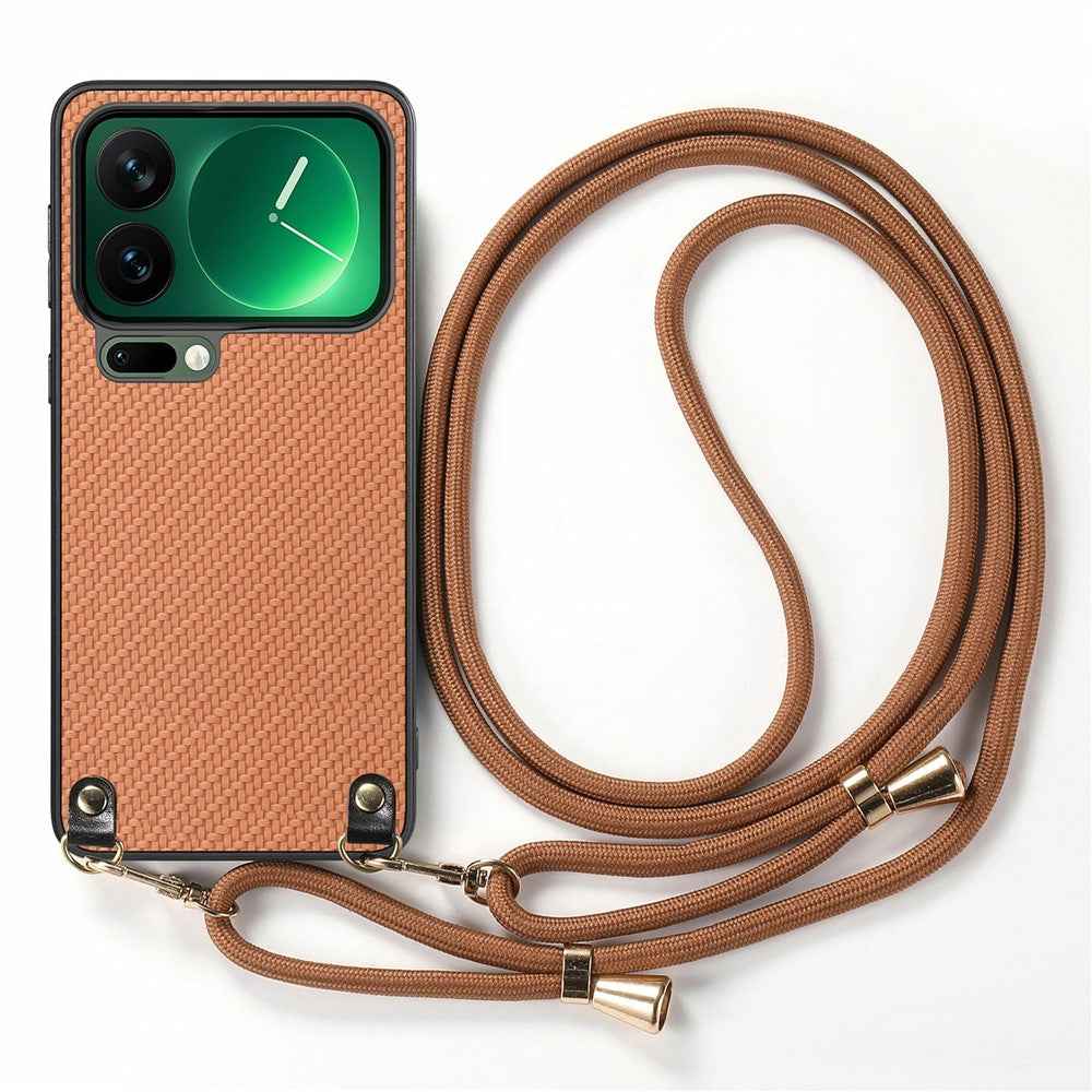 For Xiaomi 17 Pro Case Carbon Fiber Texture Hybrid Phone Back Cover with Adjustable Strap - Brown