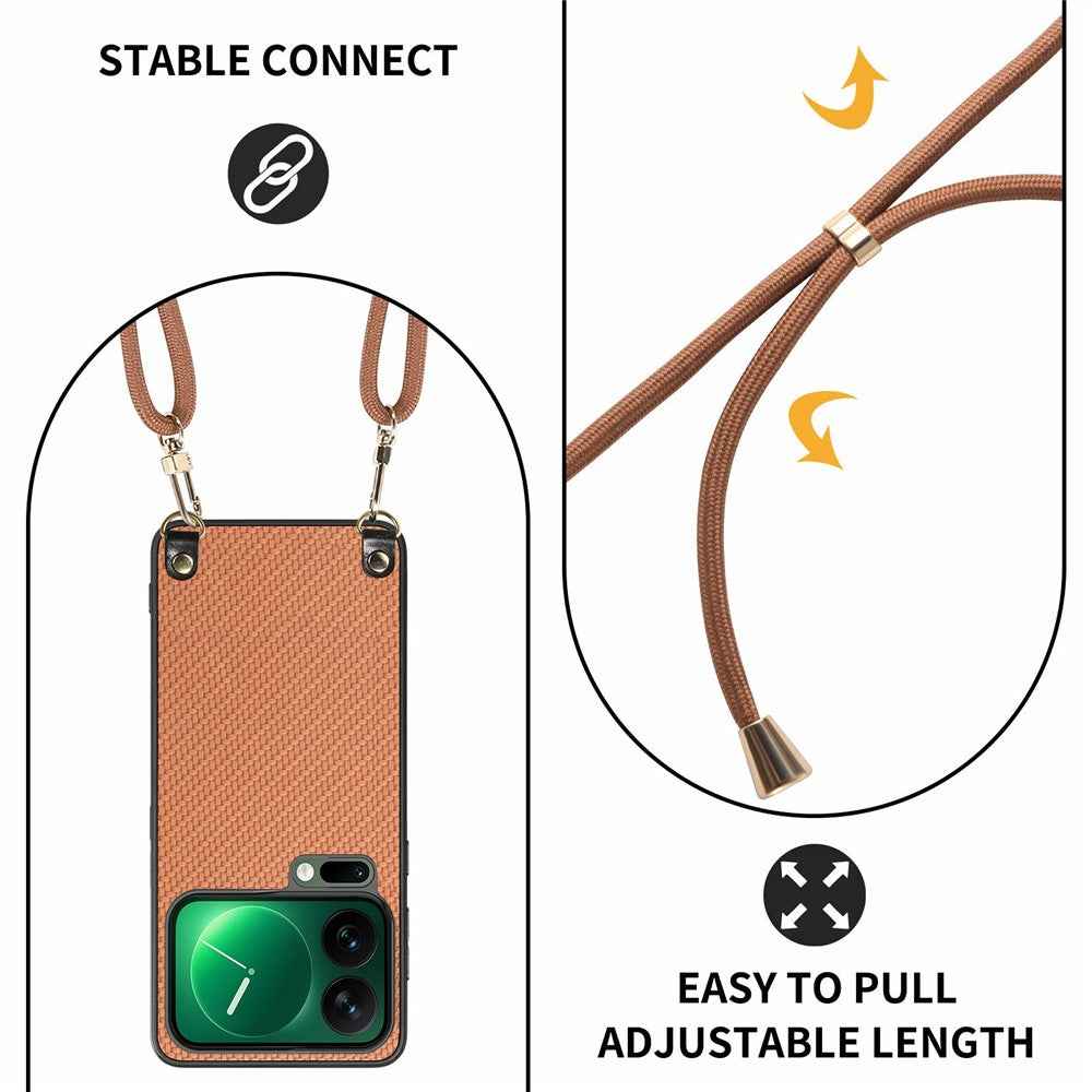 For Xiaomi 17 Pro Case Carbon Fiber Texture Hybrid Phone Back Cover with Adjustable Strap - Brown
