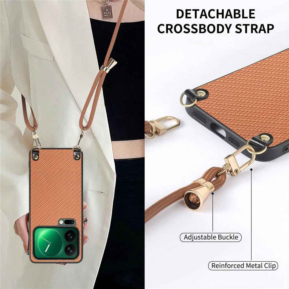 For Xiaomi 17 Pro Case Carbon Fiber Texture Hybrid Phone Back Cover with Adjustable Strap - Brown