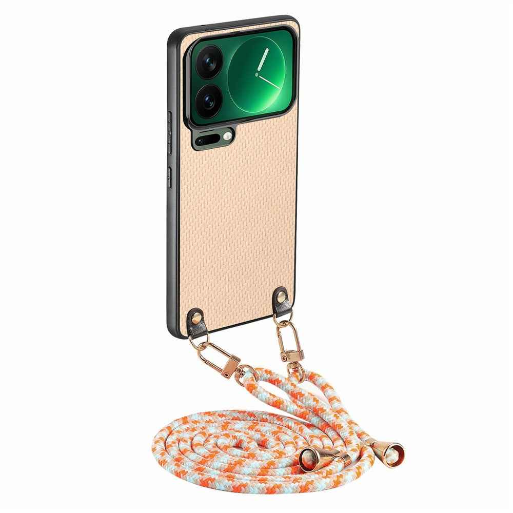 For Xiaomi 17 Pro Case Carbon Fiber Texture Hybrid Phone Back Cover with Adjustable Strap - Apricot