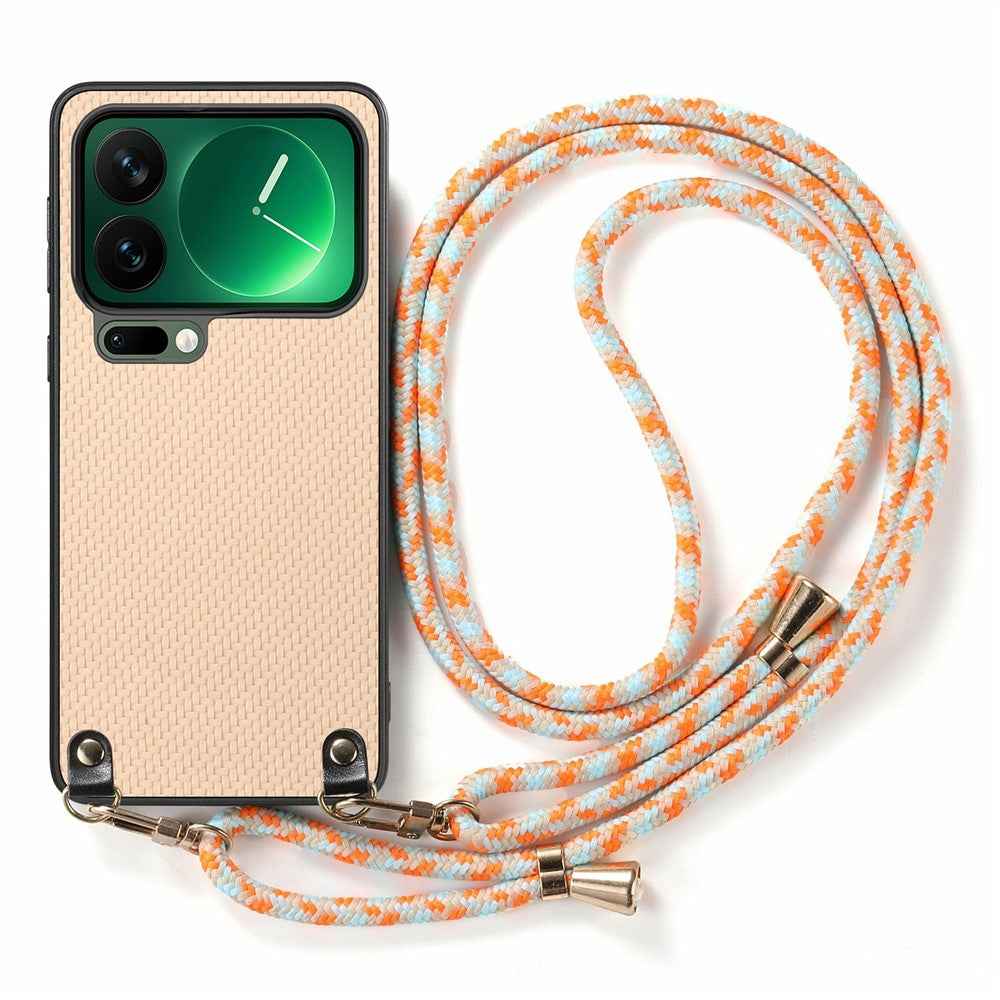 For Xiaomi 17 Pro Case Carbon Fiber Texture Hybrid Phone Back Cover with Adjustable Strap - Apricot