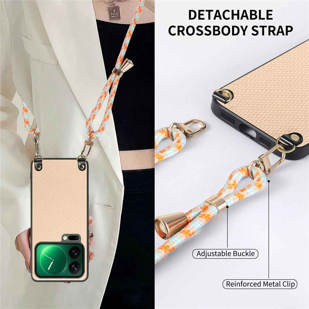 For Xiaomi 17 Pro Case Carbon Fiber Texture Hybrid Phone Back Cover with Adjustable Strap - Apricot