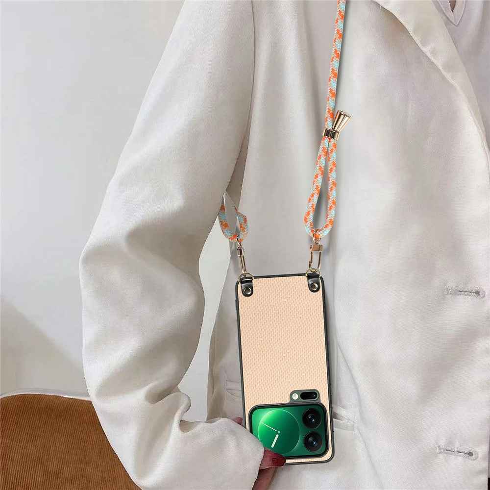 For Xiaomi 17 Pro Case Carbon Fiber Texture Hybrid Phone Back Cover with Adjustable Strap - Apricot