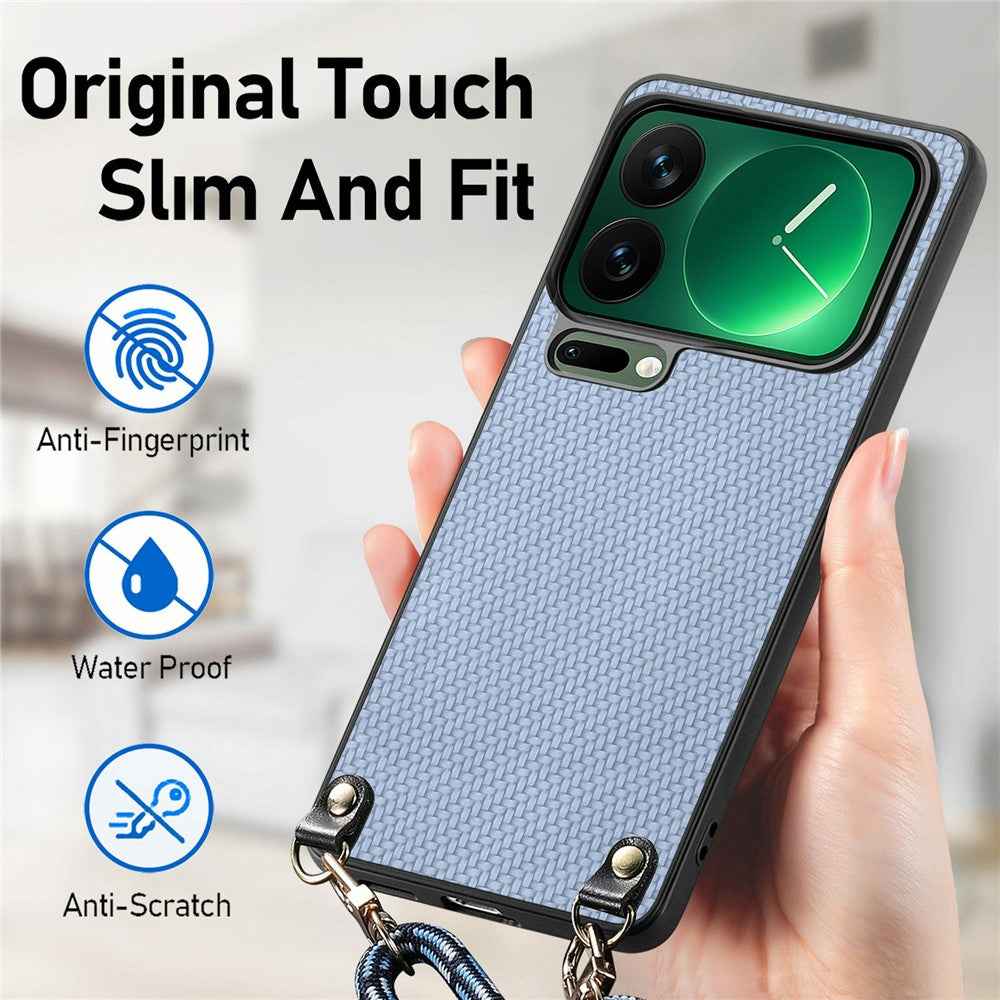 For Xiaomi 17 Pro Case Carbon Fiber Texture Hybrid Phone Back Cover with Adjustable Strap - Blue