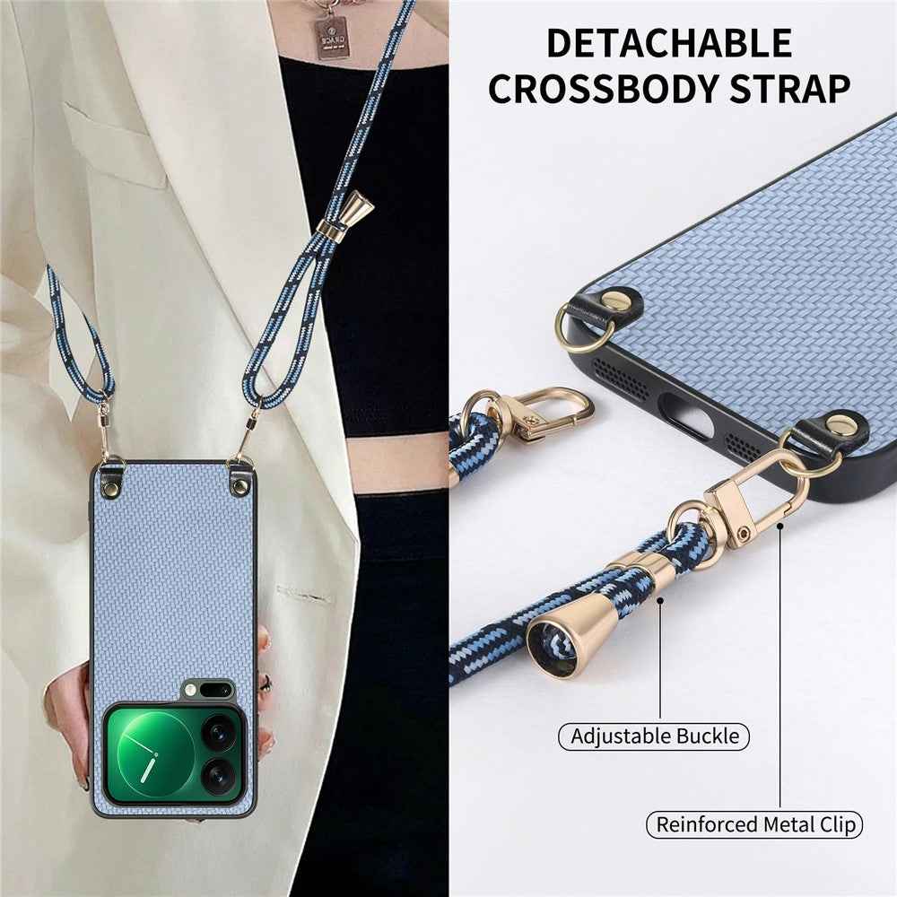 For Xiaomi 17 Pro Case Carbon Fiber Texture Hybrid Phone Back Cover with Adjustable Strap - Blue